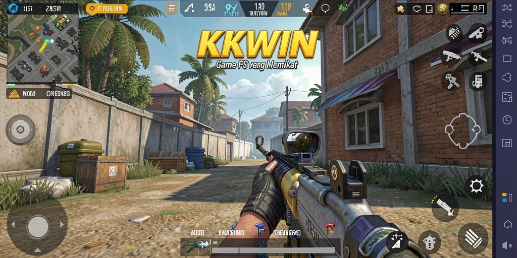 Screenshot utama KKWIN dengan aksi gameplay FPS yang mendebarkan.