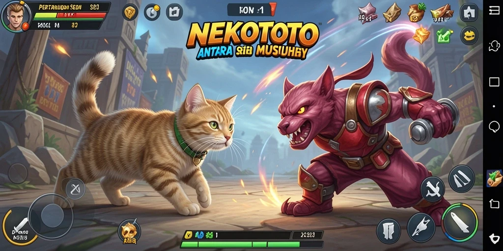Screenshot utama NEKOTOTO menampilkan aksi pertarungan kucing yang mendebarkan.