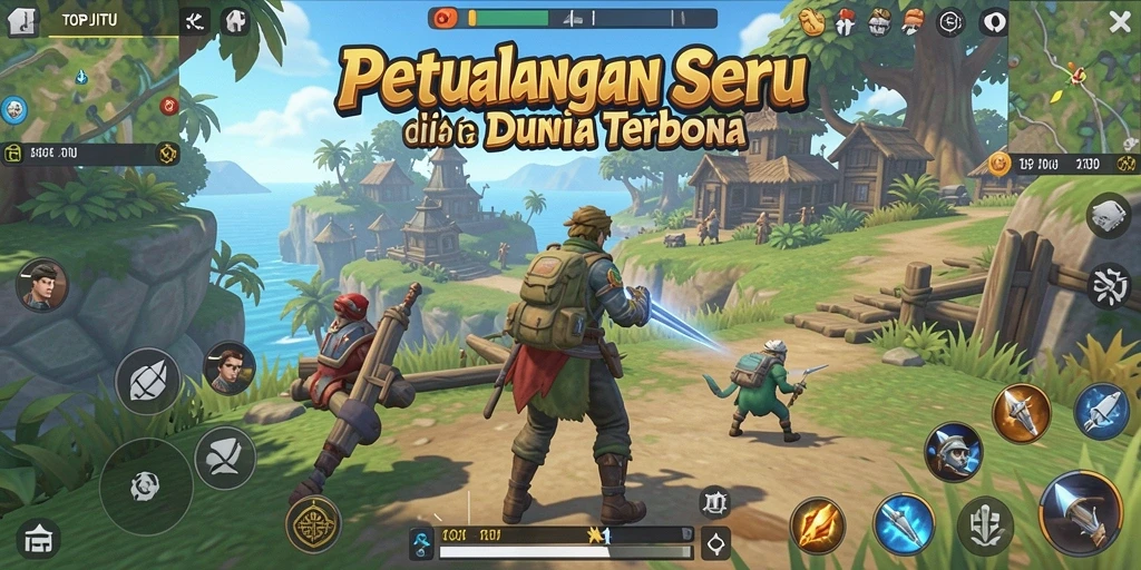 Screenshot gameplay TOPJITU menampilkan pemandangan luas dan interaksi karakter.